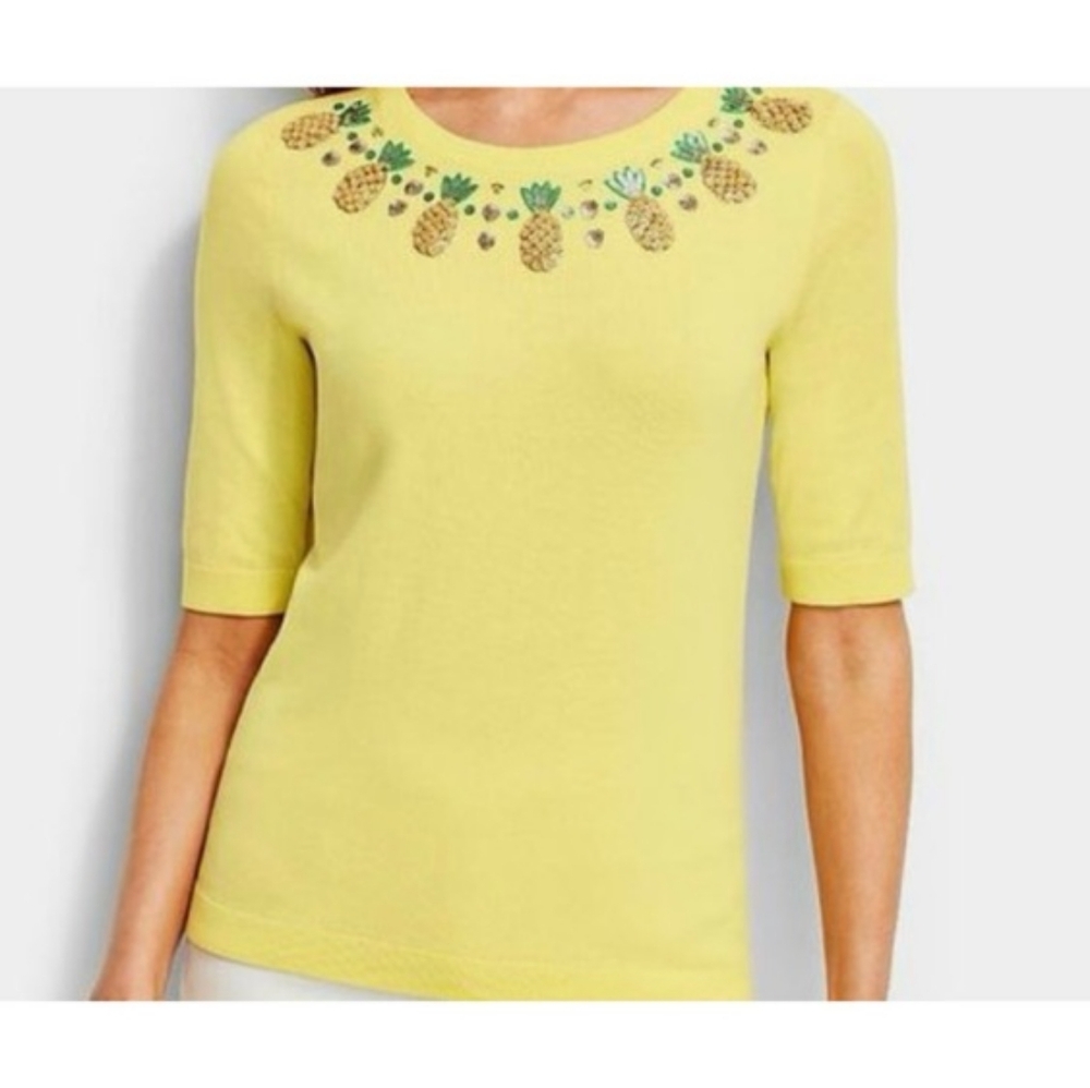 New Talbots Pineapple Embroidered shortsleeve sweater cotton yellow 3X plus size
